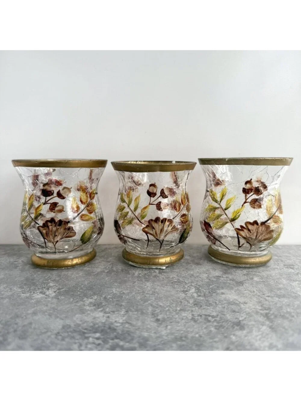 3 Yankee Candle Crackle Glass Autumn Fall Leaves Candle Holders Country Cottage